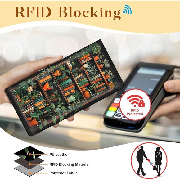 Womens Wallet, Black Bookshelf Slim Thin RFID Blocking Credit Card Wallets, Long - Picture 5 of 6